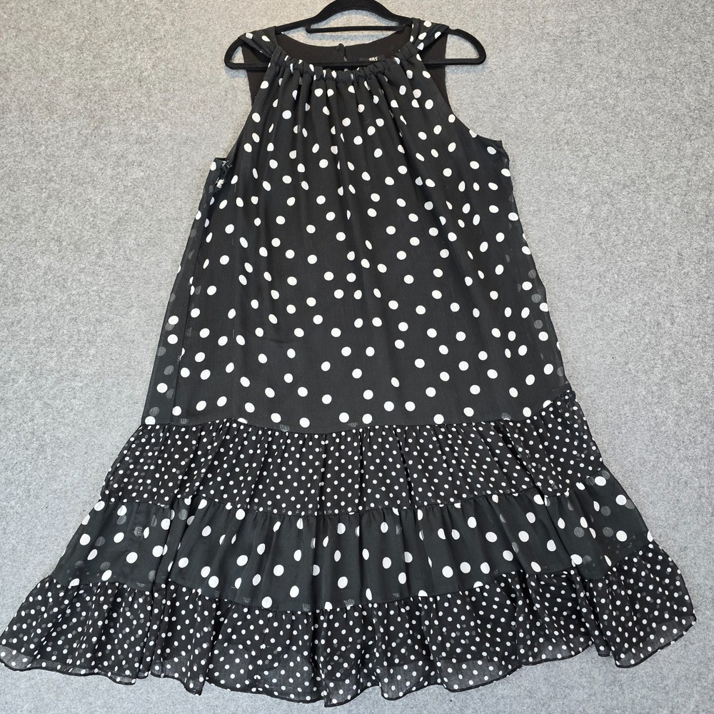 JBS Halter Dress Women's 14P Black White Polka Dot Chiffon Tiered Ruffled Hem
